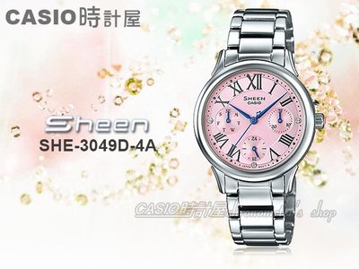 CASIO 時計屋 卡西歐手錶  SHEEN SHE-3049D-4A  女錶 不鏽鋼錶帶 三眼 防水 羅馬數字 保固