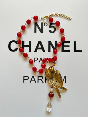 Chanel 香奈兒vintage中古素金立體燕子小鳥紅色琉毛衣鍊項鍊