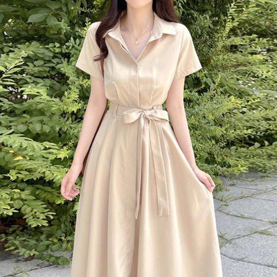 新品 韓國時尚氣質翻領襯衫收腰綁帶連身裙洋裝