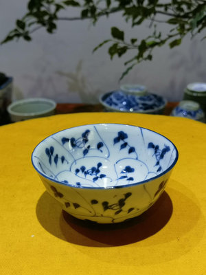 新 一只日本明治時期，青花內外手繪，靈芝茶碗，百多年老物件，老底