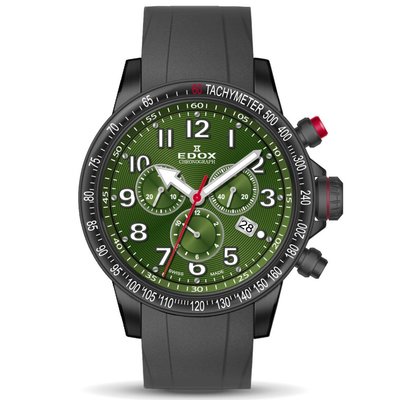 現貨 可自取 EDOX 10229 37NRCA VB 手錶 44mm 瑞士依度錶 三眼計時 綠面盤 黑膠錶帶 男錶