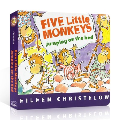 紙板書Five Little Monkeys Jumping on the Bed 五只小猴子在床上跳英文原版繪本幼兒啟