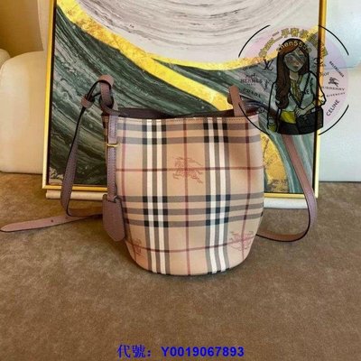 凱莉二手 Burberry 博柏利 經典格紋雙面水桶包 Haymarket 戰馬水桶包 單肩包 側背包 裸色 現貨