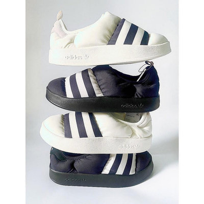 【明朝運動館】adidas PUFFYLETTE 室內拖鞋 保暖 米白 黑白 一腳蹬 麵包鞋 HR1481 GY1593耐吉 愛迪達