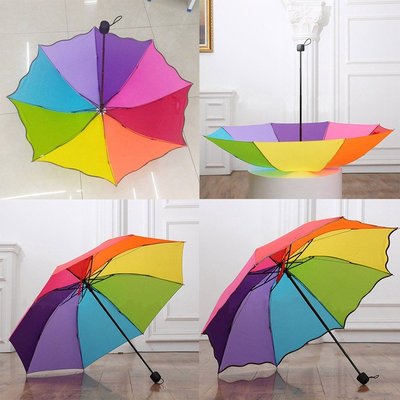 西米の店創意彩虹傘 拱形荷葉邊 雨傘 折傘 折疊雨傘 便攜式 雙人防風傘 大傘面