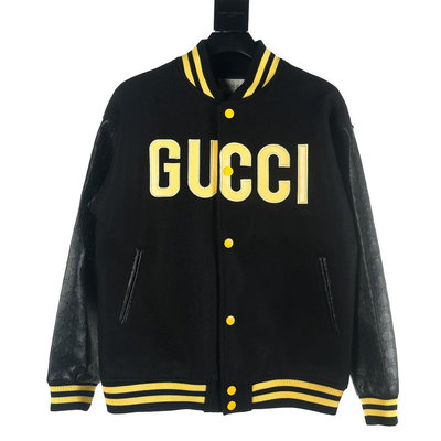 義大利奢侈時裝品牌Gucci 鳳梨刺繡Pineapple系列皮革壓紋撞色拼接棒球外套 代購