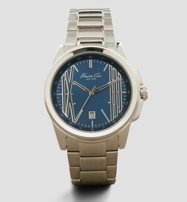 全新美國品牌 Kenneth Cole 藍色錶面銀色金屬錶帶帥氣手錶，附原廠禮盒，低價起標無底價！本商品免運費！