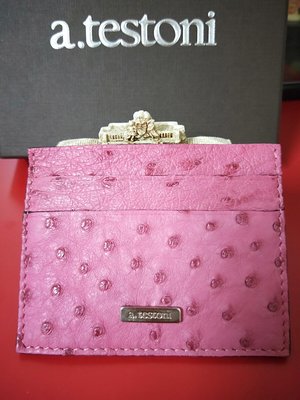 義大利品牌a. testoni 鴕鳥皮信用卡夾&amp;名片夾------粉色