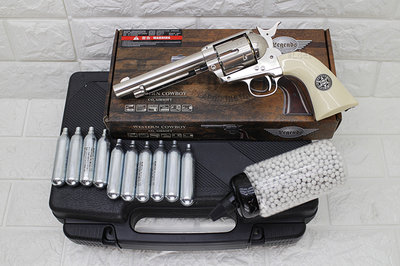 [01] Colt SAA 左輪 手槍 CO2槍 銀 + CO2小鋼瓶 + 奶瓶 + 槍盒 ( 右輪牛仔警長警察WG