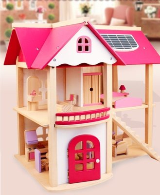[李老大] 193772 娃娃房 粉色 別墅 木製 DIY 房子 家 辦家家酒 生日禮物 粉色房屋