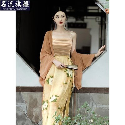 新中式漢元素套裝新中式古著漢服女春款國風漢元素裙子改良吊帶洋裝日常三件式裝
