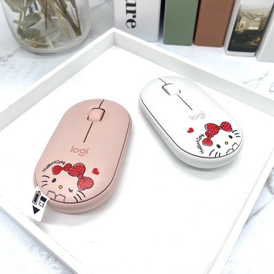 🌈Logitech羅技 Hello Kitty鵝卵石輕薄型光電靜音無線滑鼠-白 粉