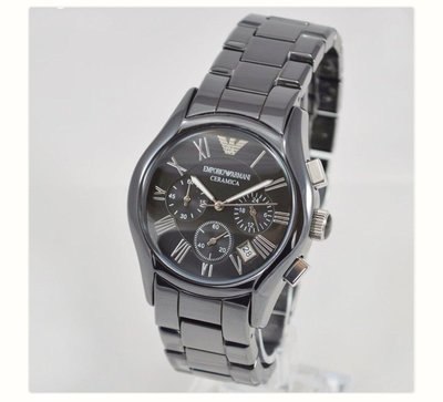 EMPORIO ARMANI 羅馬刻度 黑色陶瓷錶帶石英三眼計時男士手錶 AR1400