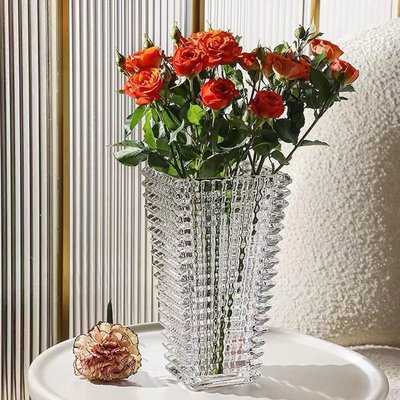 【熱賣下殺】法式透明特色水晶璀璨厚質玻璃長方形敞口家用小花瓶鮮花束插花器