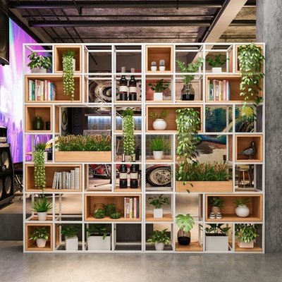現貨熱銷-美式置物架辦公室隔斷展示架落地多層書架客廳實木屏風鐵藝收納架