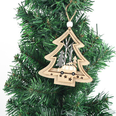 批發（價格詳談）新款雕刻木質聖誕裝飾品 五角星天使木片創意DIY聖誕樹帶繩子掛件