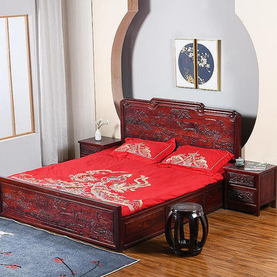 生活倉庫~中式全實木床1.5米1.8米雕花婚床榆木仿古明清古典家具簡易雙人床  免運