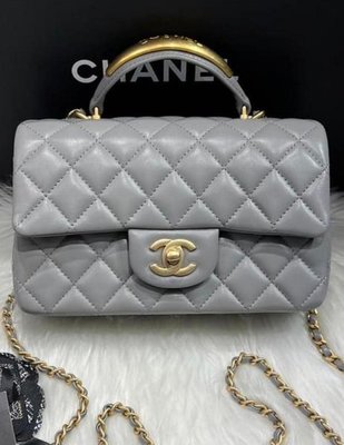 Chanel AS2431 mini flap bag top handle 提把 CF 灰色 金 logo 把手