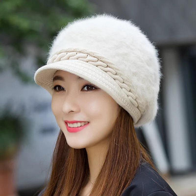 韓版加絨獺兔帽子 毛帽子 新款冬季毛線帽 加厚保暖 針織帽子 貝蕾帽 鴨舌帽