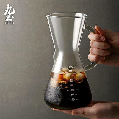 創客優品 九土玻璃咖啡分享壺帶把大容量刻度手沖壺加厚簡約家用咖啡壺勻杯 CJ2766