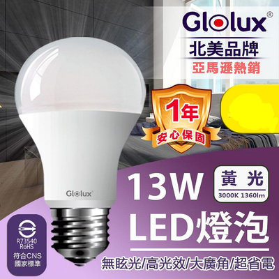 安全檢驗合格燈泡 Glolux 10W, 13W, 16W 高亮度LED燈泡 E27 CNS認證(白光)(黃光) 超廣角