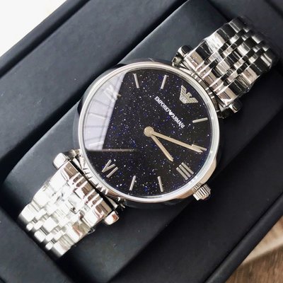 EMPORIO ARMANI 深藍色星空錶盤 銀色不鏽鋼錶帶 石英 女士手錶 AR11091 亞曼尼腕錶