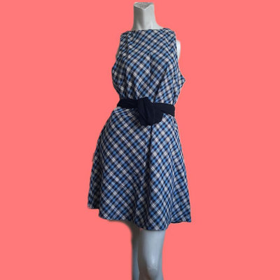 【Bjs啵古着】1980年代藍黑白黃格紋削肩無袖洋裝背心裙連身裙（25090966）
