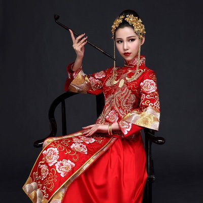 新娘中式結婚禮服新款紅色敬酒嫁衣復古旗袍服龍鳳