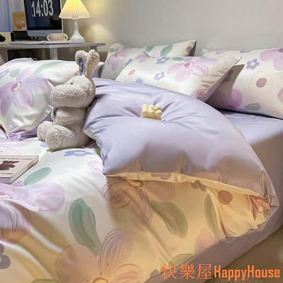 快樂屋Hapyy House10色 冰絲印花床包組 唯美印花床單 床罩 單人 雙人/加大床包四件組 床組 涼感水洗真絲床包組 枕套 被單