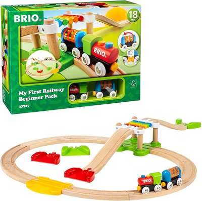 瑞典 BRIO 初階木製玩具火車套組軌道套裝 帶有火車軌道和吊橋的幼兒火車木製軌道玩具 18件組