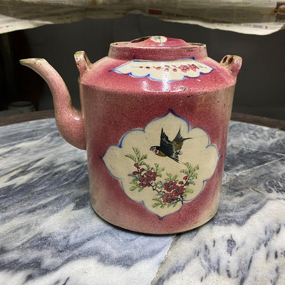 老瓷器，民國時期-庚午年胭脂紅開窗釉下彩花鳥紋茶壺