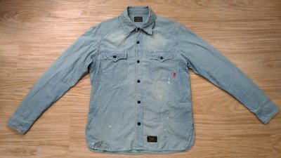日本製美品WTAPS CELL L/S INDIGO CHAMBRAY SHIRTS淺藍手工縫補強水洗加工破壞長袖襯衫