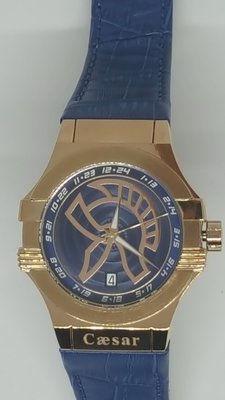 【成吉思汗精品】Casar凱撒凱薩石英錶藍色鏡面藍色皮錶帶帶日期玫瑰金邊框型號G3211Z