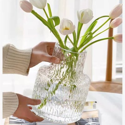 促銷打折 歐式冰川紋ins風透明玻璃花瓶水培玫瑰花干花鮮花插花瓶客廳擺件