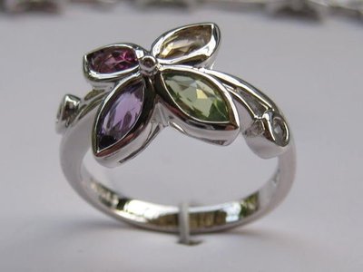 歐美款 國際R925銀鍍銠花瓣戒指手鍊耳環鑲黃水晶紫水晶橄欖石拓帕石玫瑰榴石