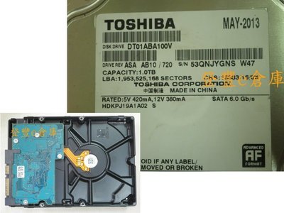 【登豐倉庫】 F190 Toshiba DT01ABA100V 1TB SATA3 摔到硬碟 救資料 修硬碟 電流沖擊