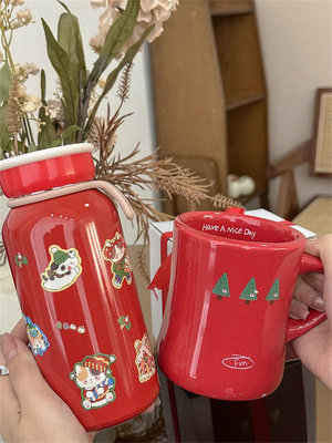 圣誕快樂~復古紅色可愛卡通貓咪奶瓶保溫杯大容量馬克杯送人禮物