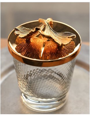 【奇滿來】金色鑲嵌葉子玻璃蜂巢杯/1入 歐式奢華玻璃罐玻璃杯 儲物糖果棉簽罐 杯子杯蓋擺件AUCB