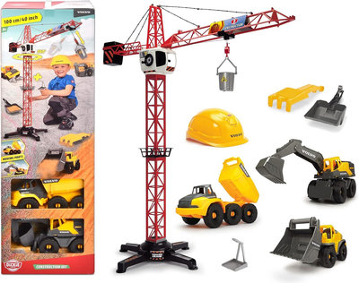 德國 Dickie Toys +  Volvo 工程建設組（9 件組） 巨型遙控電動起重機身降機 帶有線控制器和工程車和配件工地模型玩具
