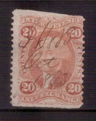 【珠璣園】W235 美國郵票 - 1862 20C Inland Exchange一版印花稅票，特價銷售！