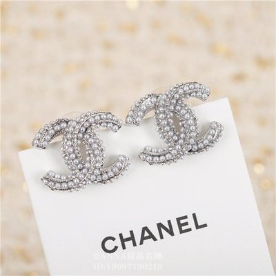 HANNA精品香奈兒Chanel 銀色針式珍珠 雙C LOGO耳環 針式耳環 二手正品