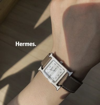 【翰貝格名牌館】全新真品 HERMES 經典 H hour etoupe 大象灰 銀框 手錶 PM 21mm 預購