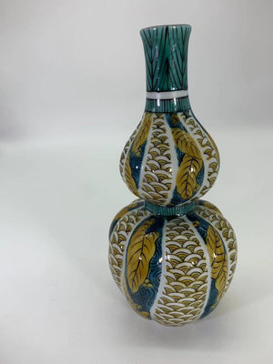 九谷燒花瓶擺件手繪流水葉青海波葫蘆形