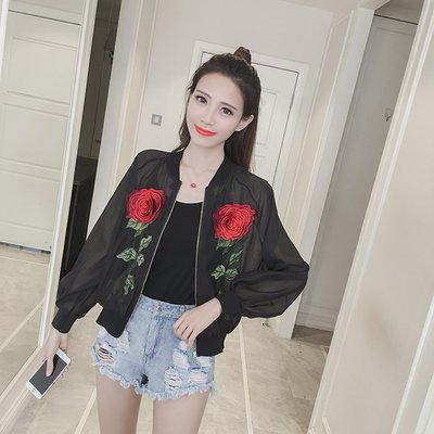 春季新款女裝韓版玫瑰刺繡拉鏈開衫外套女學生薄款防曬衫上衣