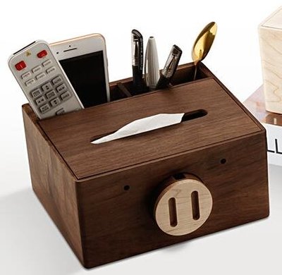 4801A 歐式胡桃木造型紙巾盒 多功能小豬木質面紙盒 三格收納盒抽紙盒衛生紙盒擺件遙控器盒