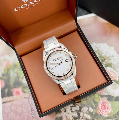 COACH Preston 白色錶盤 水鑽刻度 白色陶瓷錶帶 石英 女士手錶 14503263
