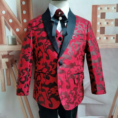 紅色黑印花男童西裝禮服套裝英倫風兒童西裝鋼琴表表演禮服