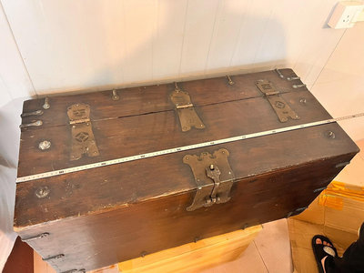 日本帶回 昭和 明治 時期 超大厚重老木箱 精工銅鎖件 日式