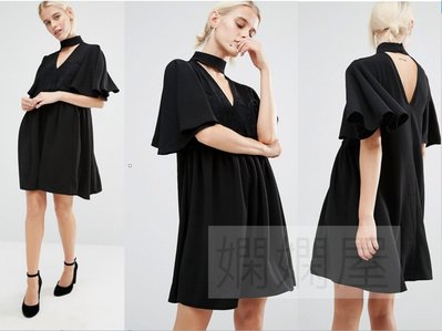 (嫻嫻屋) 英國ASOS-Lost Ink時尚名媛黑色時髦高領繞頸雙深Ｖ寬鬆造型寬袖洋裝禮服 現貨UK8