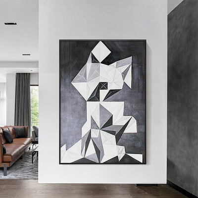 【支持定制】裝飾畫 家居裝飾 掛畫 黑白灰格子客廳裝飾畫現代簡約抽象幾何裝修風格掛畫走廊玄關壁畫